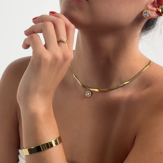 Cadena Plana 3 mm con Dije Circón de Acero Inoxidable (TF2A051)