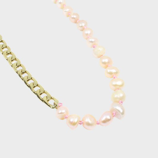 Cadena con Perlas Rosadas y Eslabones de Acero Inoxidable (TB2A075)